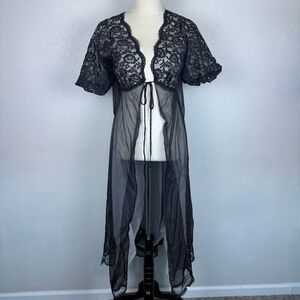 Vintage‎ 1960's Radcliffe Black Peingnor Lace Sheer Robe Duster Full Length Puff